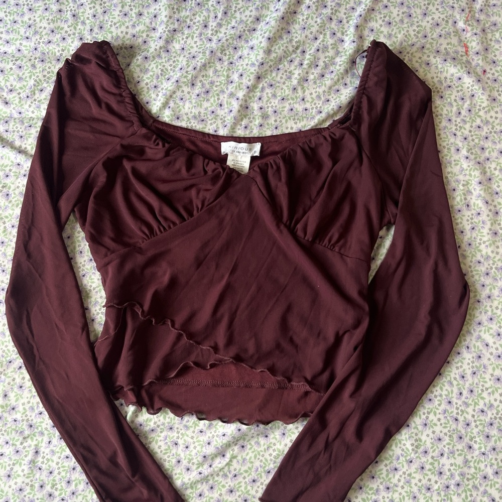 Burgundy long sleeve top with ruffles